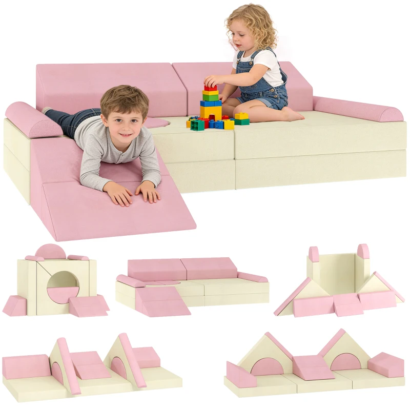 AIYAPLAY Kids Play Sofa, 12 Pieces Foam Modular Soft Play Set for Playroom, Children Convertible Sofa for Boys and Girls, Pink