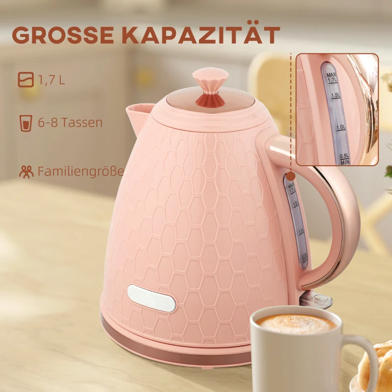HOMCOM Elektrischer Wasserkocher, 1,7L, Schnellkochfunktion, 2,2kW, Kabellos mit herausnehmbarem Anti-Kalk-Filter, Hellrosa