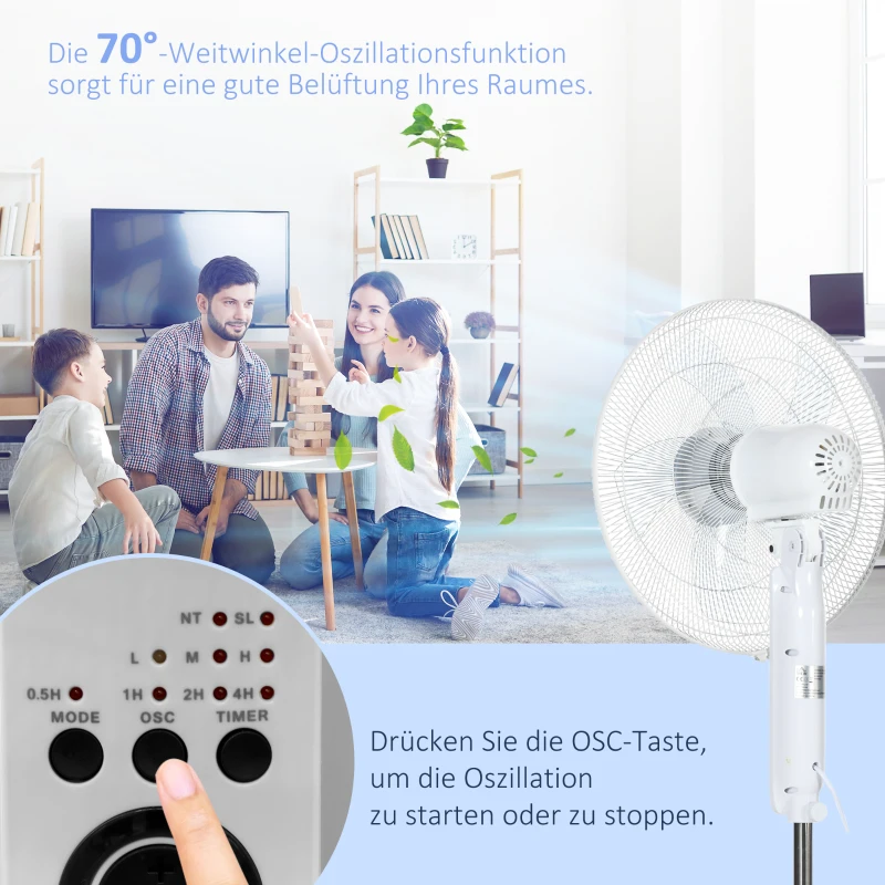 HOMCOM Standventilator Lüfter Fernbedienung Höhenverstellbar 3 Geschwindigkeitsstufen Metall, Weiß, Ø44,5 x H110-124 cm