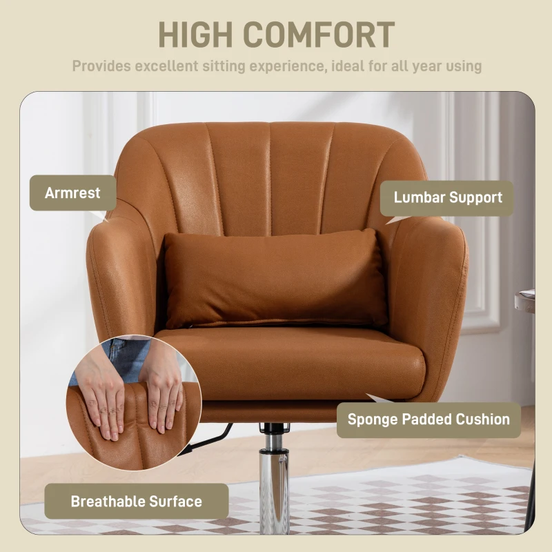 HOMCOM Swivel Accent Chair, Linen Fabric Tub Vanity Chair, Modern Armchair with Adjustable Height and Lumbar Support for Living Room Bedroom Salon Make up Room Dressing Table, Brown