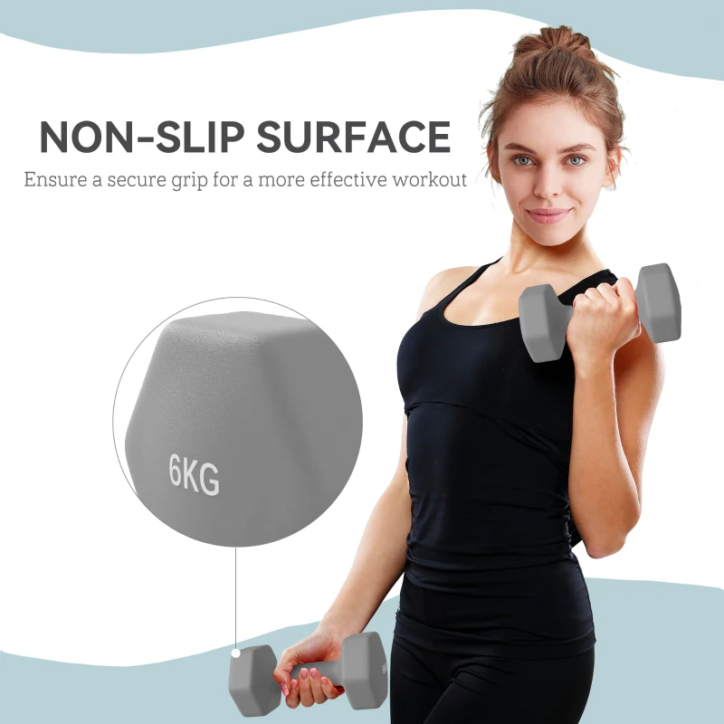 SPORTNOW 2 x 6kg Hexagonal Dumbbells Weights Set with Non-Slip Grip for Home Gym Workout, Grey