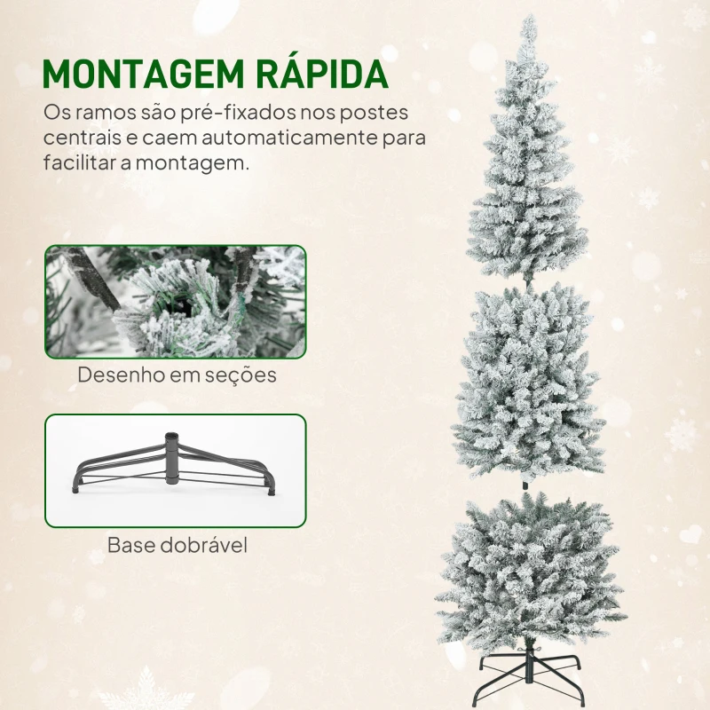 HOMCOM Árvore de Natal Estreita 210 cm Nevada com Luzes LED Bicolores 11 Modos de Iluminação 687 Ramos Suporte Metálico Verde