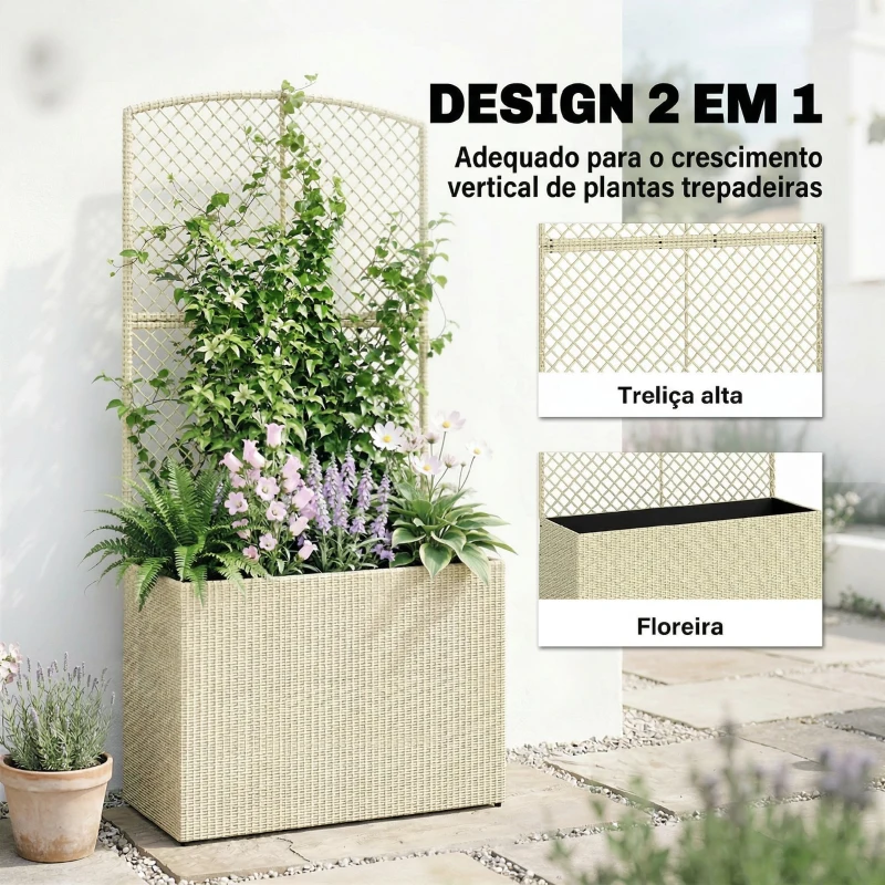 Outsunny Floreira com Treliça em Vime Floreira Grande com Forro para Plantas Trepadeiras 80x30x163 cm Bege