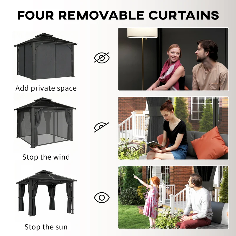 Outsunny 2.5 x 2.5 m Hardtop Gazebo Canopy with 7mm PC Roof, Garden Gazebo Permanent Pavilion with Netting, Curtains, Dark Grey