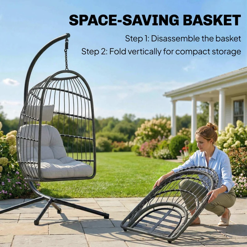 Outsunny Hanging Egg Chair, Indoor Outdoor Hammock Swing Chair with Stand, Safety Strap, Foldable Basket, Dark/Light Grey