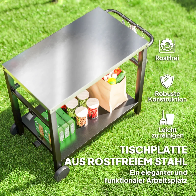 Outsunny Grillwagen 2-Etagen Servierwagen mit Arbeitsfläche Ablagen Haken Räder Edelstahl 102 x 56 x 81cm