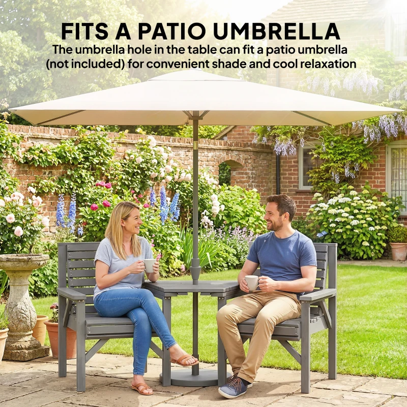 Outsunny Wooden Garden Bistro Set, 2 Seater Wooden Outdoor Table and Chairs with Parasol Hole for Patio, Light Grey