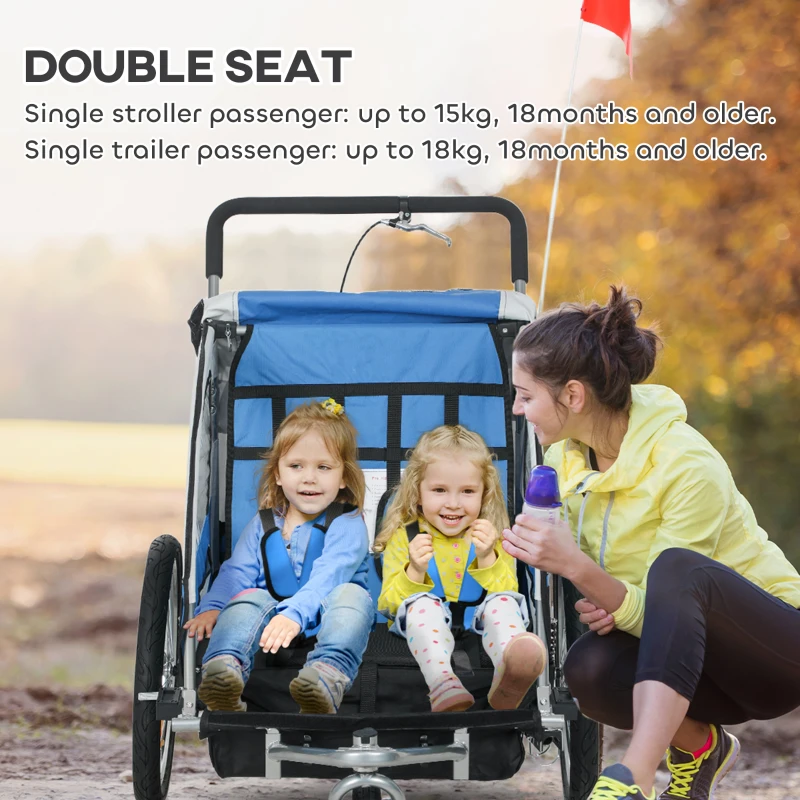 HOMCOM 2 Seat Bike Trailer with 5 Point Harness, Baby Bike Stroller with Safety Flag, Reflectors, for 18+ Months, Blue