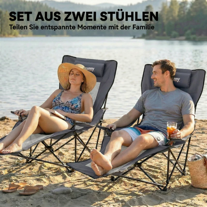 Outsunny 2er Set Campingstuhl faltbar Angelstuhl mit verstellbarer Rückenlehne Fußablage Getränkehalter Kopfstütze Dunkelgrau