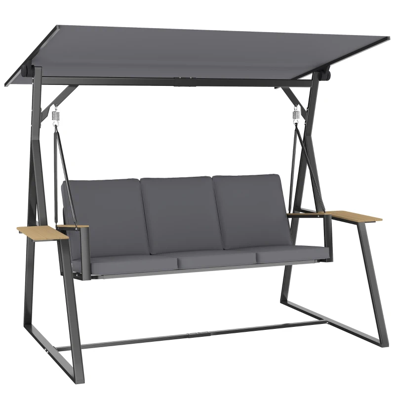 Outsunny 3-Sitzer Gartenschaukel mit verstellbarem Dach, Kissen und Getränkeablagen, 360 kg Tragkraft, Grau