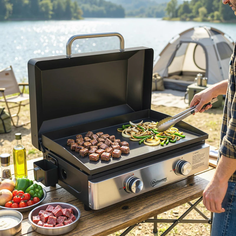 Outsunny 2 Burner Grill Griddle, Portable Gas Plancha, 6 kW, Tabletop Gas BBQ with Grease Cup for Camping Picnic Patios, Black