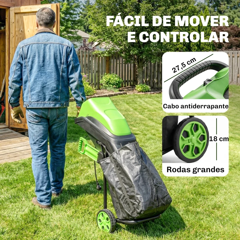 Outsunny Trituradora de Ramos Elétrica 2500 W com 2 Lâminas Reversíveis até Ø44 mm Saco de 45 L e Rodas 44x34x96 cm Verde