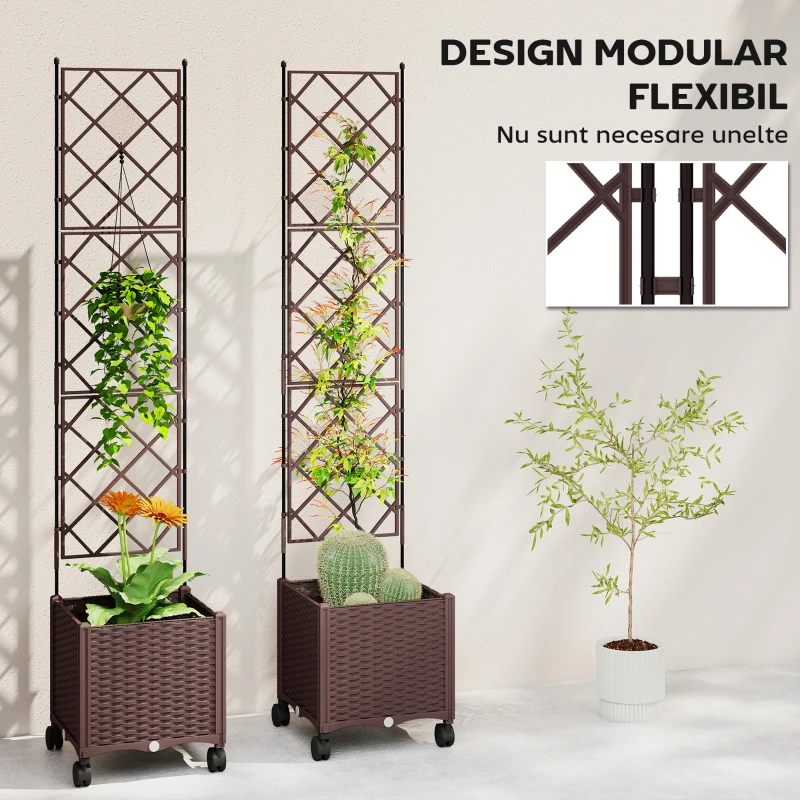 Outsunny Ghiveci Ridicat cu Spalier 130L, Roți Blocabile și Sistem de Autoirigare, Maro