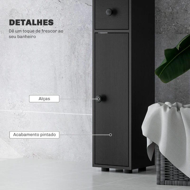 kleankin Coluna Casa de Banho Estreita com 1 Gaveta 4 Prateleiras Abertas e Prateleiras Ajustáveis 20x20x180 cm Preto