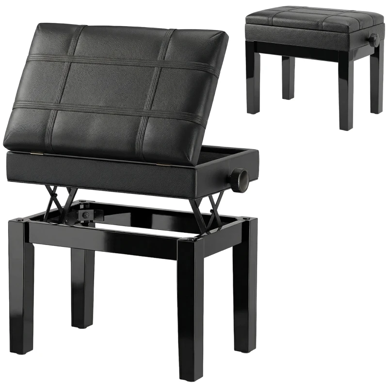 HOMCOM Sgabello per Pianoforte con Altezza Regolabile e Contenitore in Legno e Finta Pelle, 63x35x46-56cm, Nero