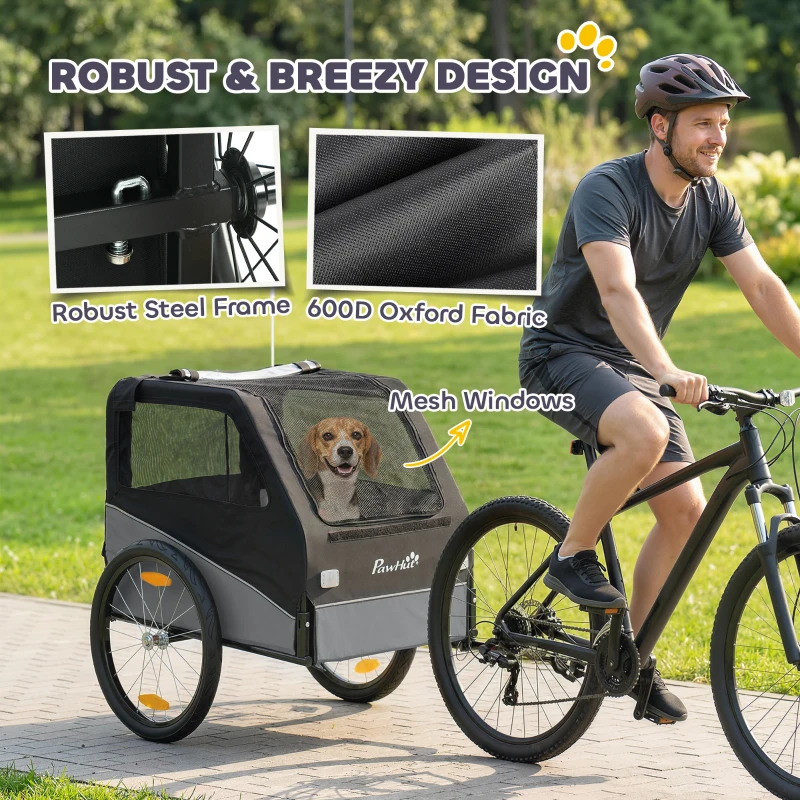 PawHut Remolque para bicicleta para perro con ruedas de 50,8 cm, acople universal, reflectores, bandera, correa, 139x72x88cm, gris y negro