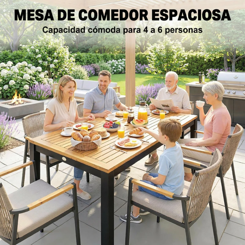 Outsunny Mesa de Comedor de Jardín de Madera para 6 Personas con Superficie de Listones Orificio 150x75x75 cm Natural