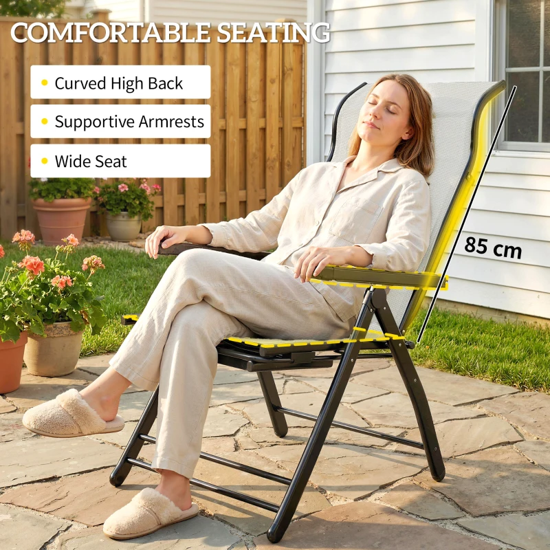 Outsunny Reclining Garden Chairs Set of 2, 5-Position Folding Sun Loungers with High Back, Retractable Footrest, Light Grey
