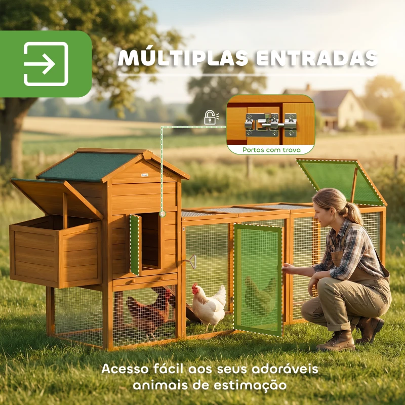 PawHut Galinheiro de Madeira para 3-6 Galinhas com Teto Asfáltico Porta com Trava Bandeja Amovível e Rampa 297,5x68x118cm Madeira