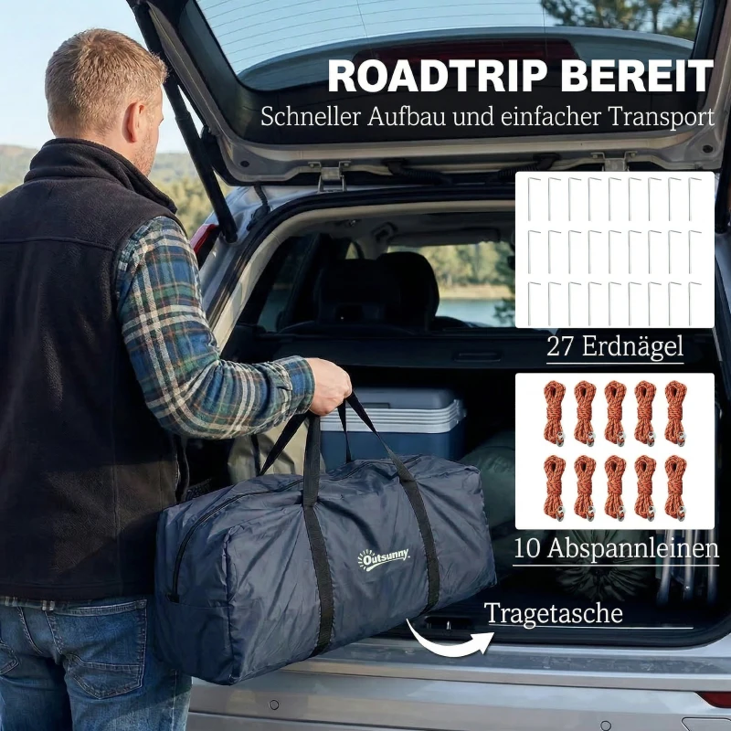 Outsunny Tunnelzelt 4 Personen Familienzelt mit Schlaf- und Wohnzimmer 6 Fenstern 3 Türen Bodenplane Stehhöhe 3000 mm Wassersäule