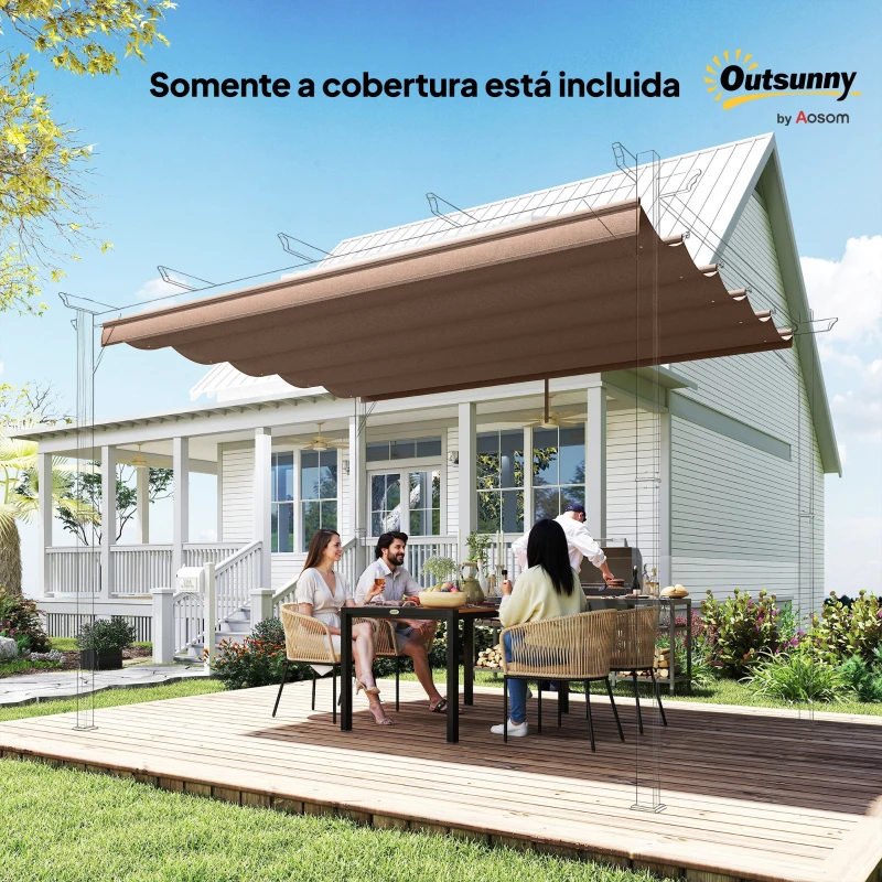 Outsunny Cobertura para Pérgola 2,5x2,55cm Teto de Substituição Retrátil para Pérgola com 10 Orifícios de Drenagem Café