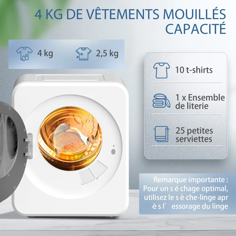 HOMCOM Sèche-linge à évacuation portable 4 Kg, sèche-linge électrique 800 W, tambour réversible en acier inoxydable, blanc