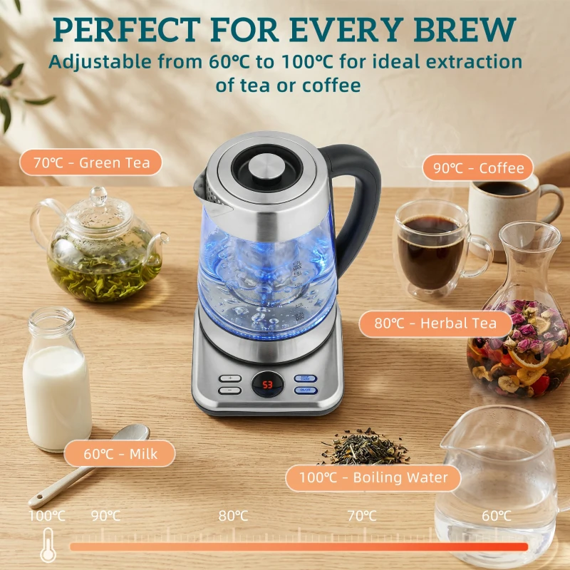 HOMCOM Elektrische Waterkoker, 1,7L Snelkoker met 2200W Vermogen, UK Strix Thermostaat, Theefilter, Warmhoudfunctie