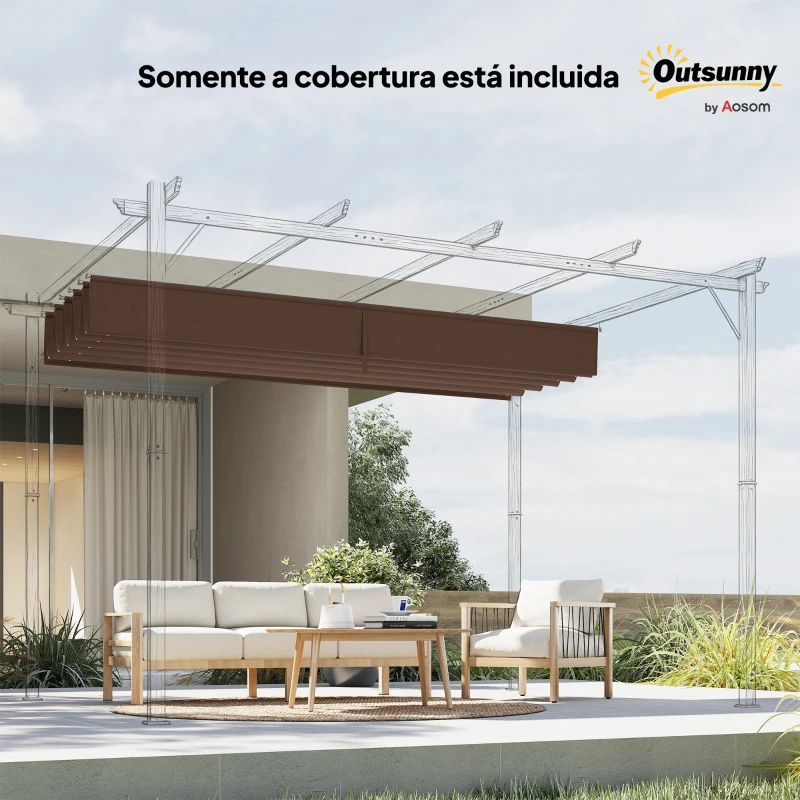 Outsunny Cobertura para Pérgola 3,5x2,5 m Teto de Substituição Retrátil para Pérgola com 10 Orifícios de Drenagem Café