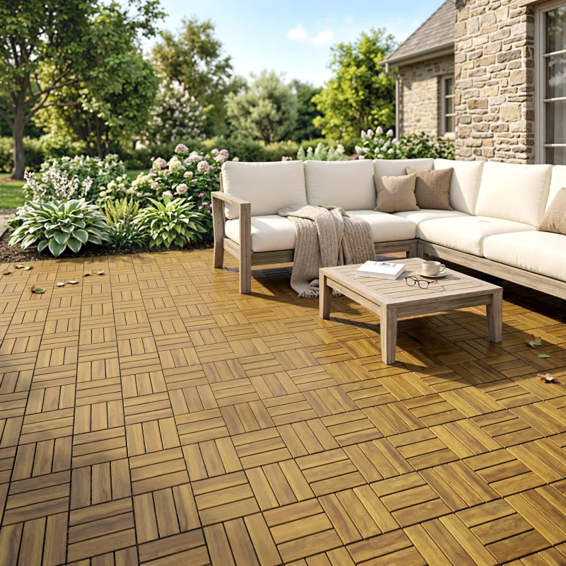 Outsunny Lot de 10 Caillebotis en Bois, Dalles Clipsables, Antidérapant, Résistants à Pourriture, Dalle Terrasse 31x31cm, Naturel