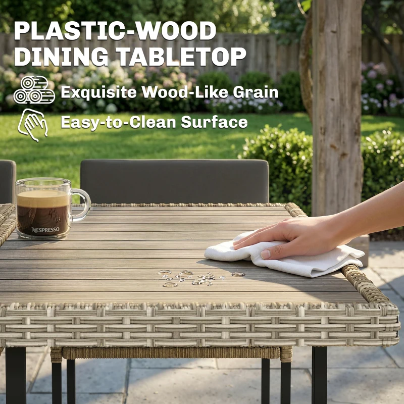 Outsunny 7 Piece Rattan Garden Furniture Set, Garden Dining Set with Wood-Plastic Table and 6 Stackable Chairs, Light Grey