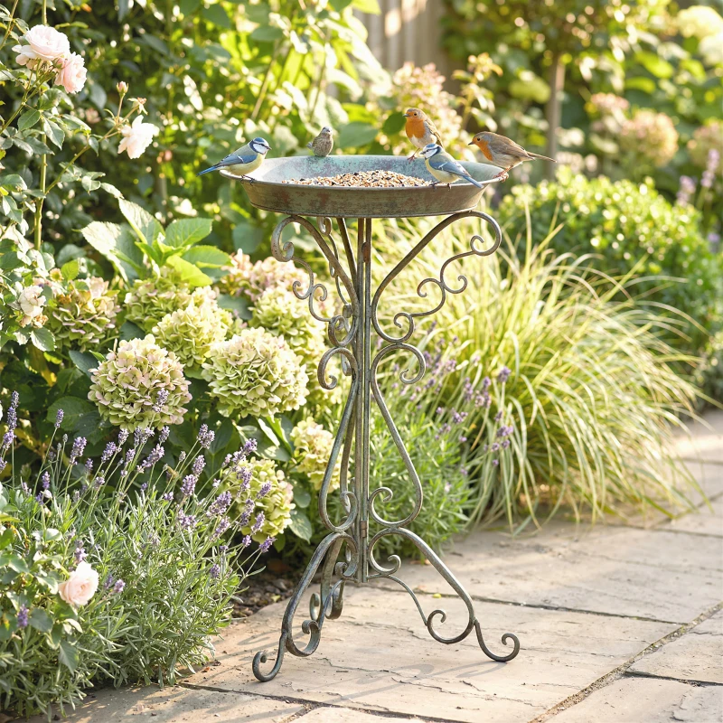 Outsunny Vogelbad mit Vogelstatue und dekorativem Standfuß, Vintage Garten Vogelbad Schale Sockel, Grün