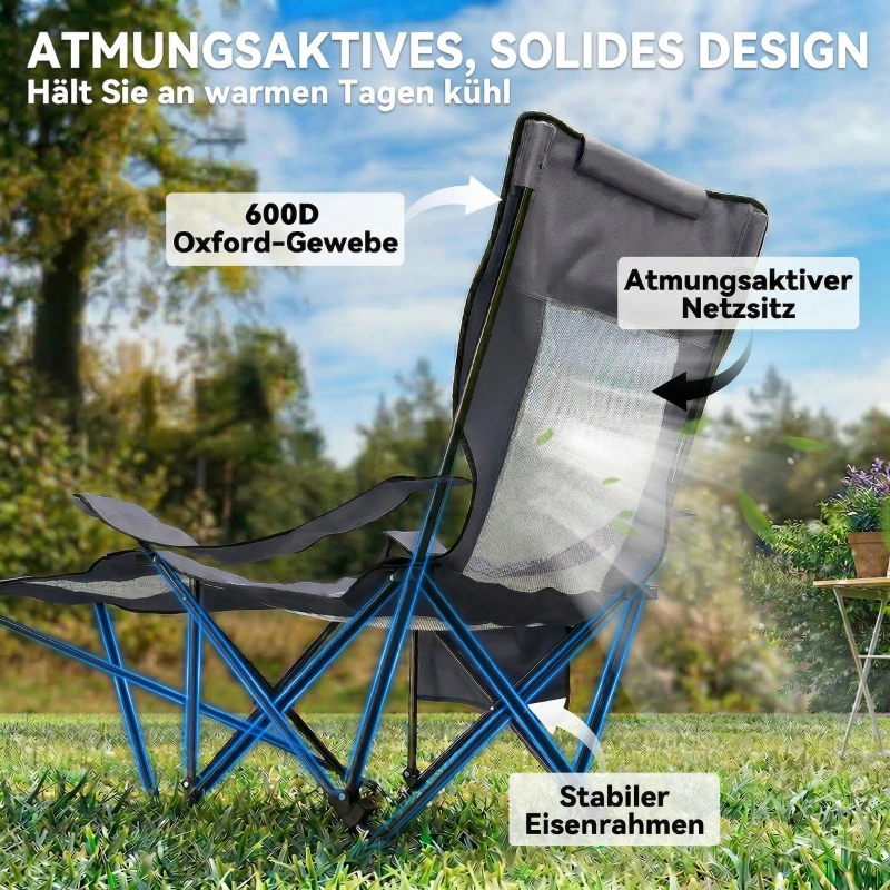 Outsunny 2er Set Campingstuhl faltbar Angelstuhl mit verstellbarer Rückenlehne Fußablage Getränkehalter Kopfstütze Dunkelgrau