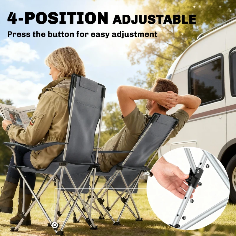 Outsunny Set of 2 Reclining Folding Camping Chair w/ Detachable Footrest, Storage Bag, Cup Holder & Headrest, Lightweight Portable Camp Chair for Beach, Picnic, Grey and Black