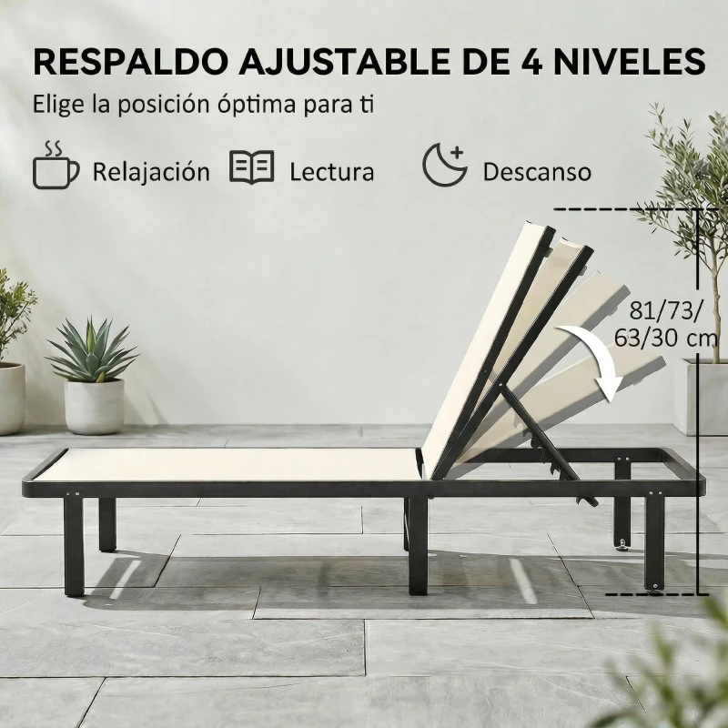 Outsunny Conjunto de 2 Tumbonas Reclinables con Ruedas Respaldo Ajustable 4 Niveles Estructura de Aluminio Tela Textilene Beige