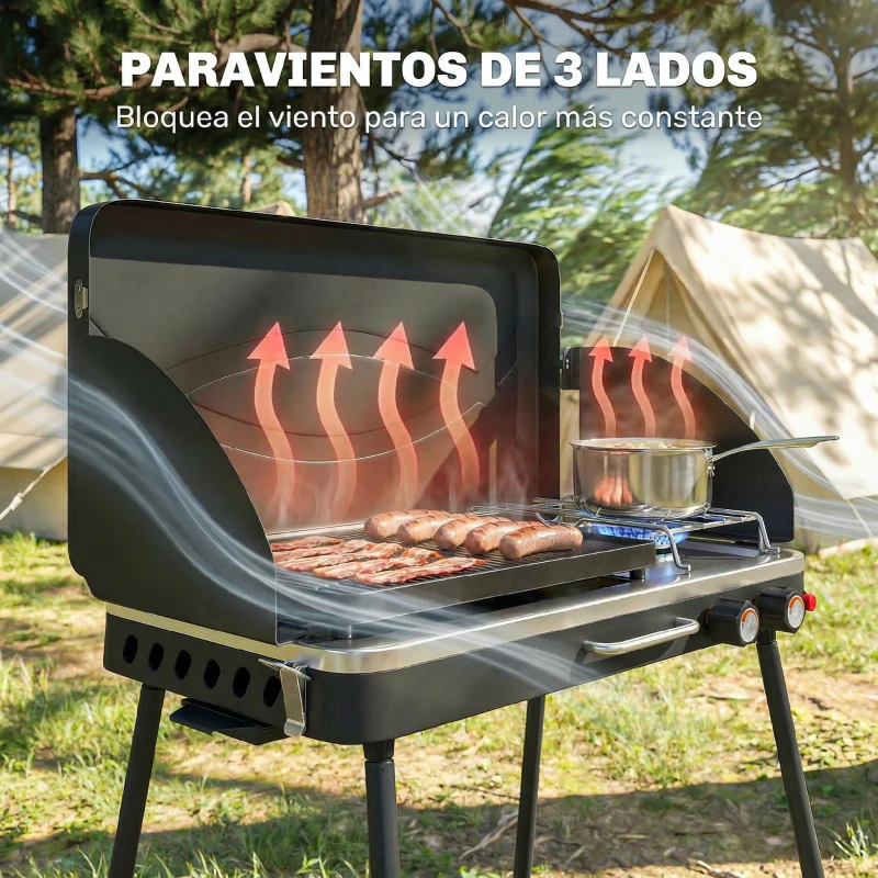 Outsunny Barbacoa de Gas Portátil 2 en 1 Propano 7 kW de Mesa o de Pie con Plancha Grande Patas Desmontables Negro