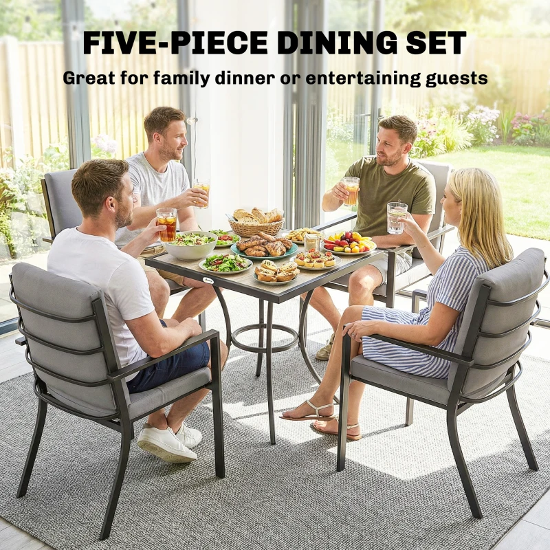 Outsunny 5 Pieces Outdoor Dining Set with Cushions, Garden Dining Set for 4 with Square Table and Stackable Chairs