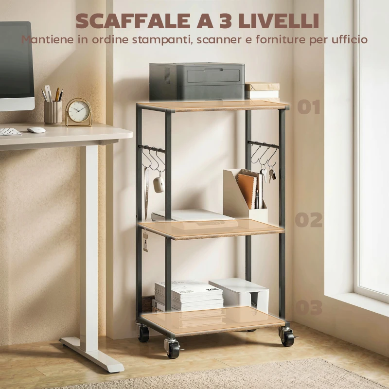 HOMCOM Stampante Tavolino Industriale 3 Livelli, Ruote e Ganci, Marrone Rustico.