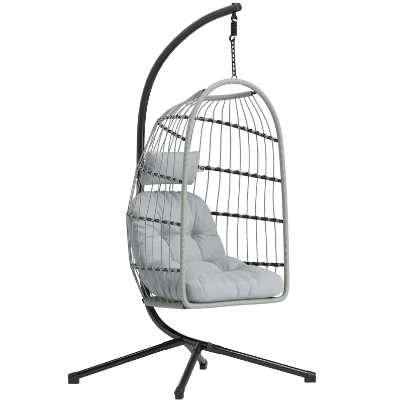 Outsunny Hanging Egg Chair, Indoor Outdoor Hammock Swing Chair with Stand, Safety Strap, Foldable Basket, Light Grey