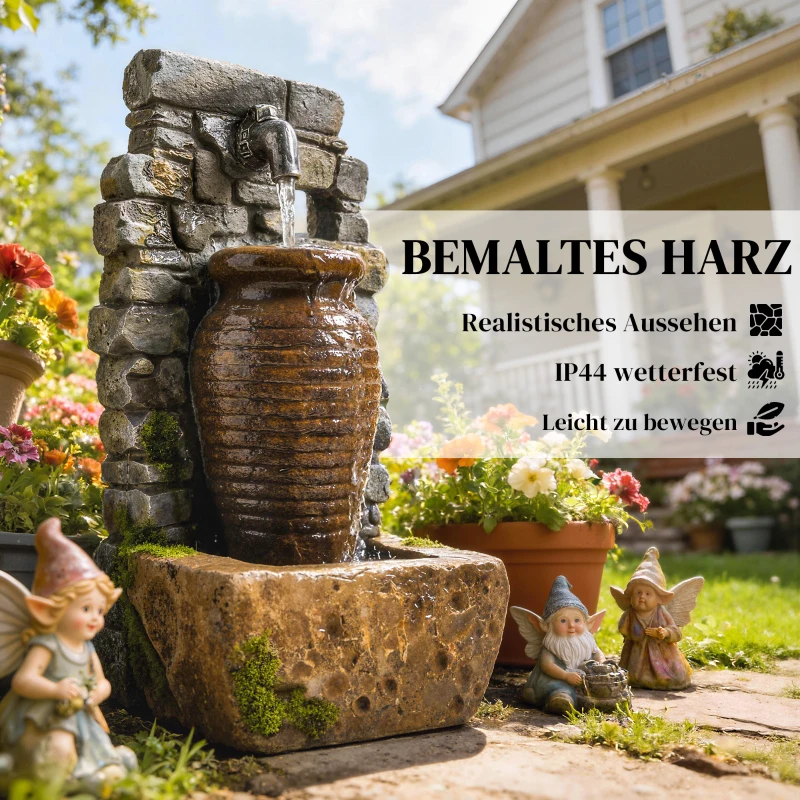 Outsunny Gartenbrunnen mit einstellbarem Wasserfluss und 3-stufiger rustikaler Steinwand im Krugdesign