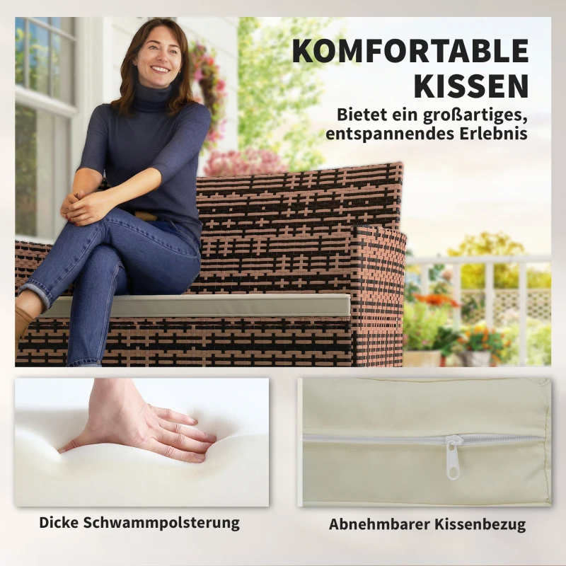 Outsunny 2-Sitzer Rattan Gartensofa PE-Rattan Outdoor-Terrassen-Sofa mit Polster, Anti-Rutsch-Matten, Stahlrahmen, Khaki