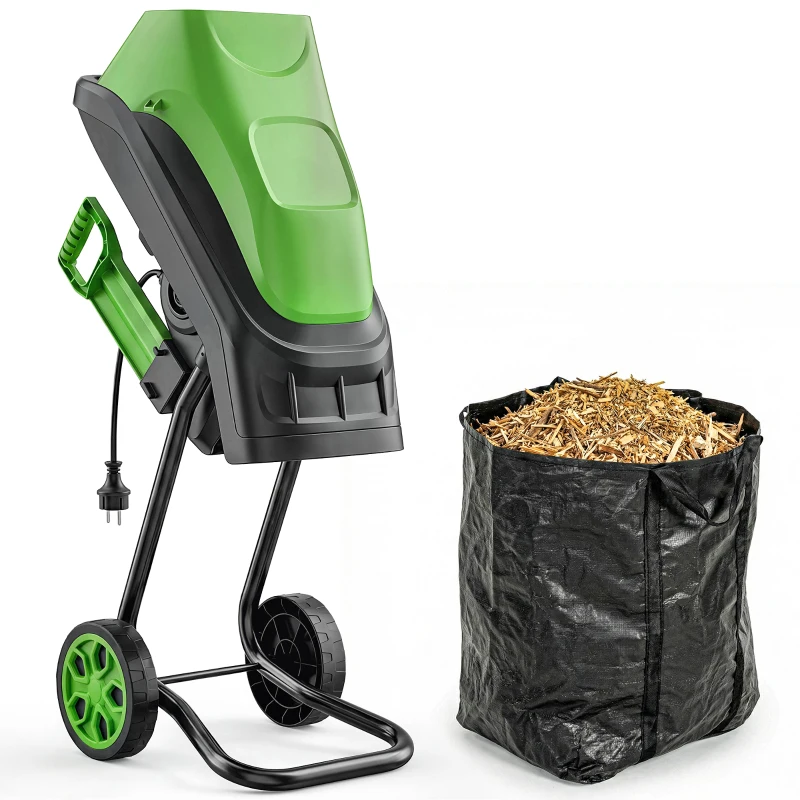 Outsunny Trituradora de Ramos Elétrica 2500 W com 2 Lâminas Reversíveis até Ø44 mm Saco de 45 L e Rodas 44x34x96 cm Verde
