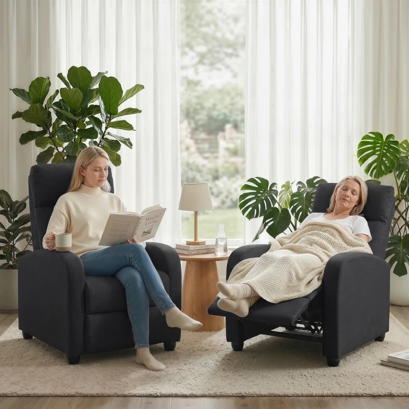 HOMCOM Relaxsessel, verstellbar 135°, ausziehbare Fußstütze, gepolsterte Lehnen, Leinen-Polyester, Schwarz