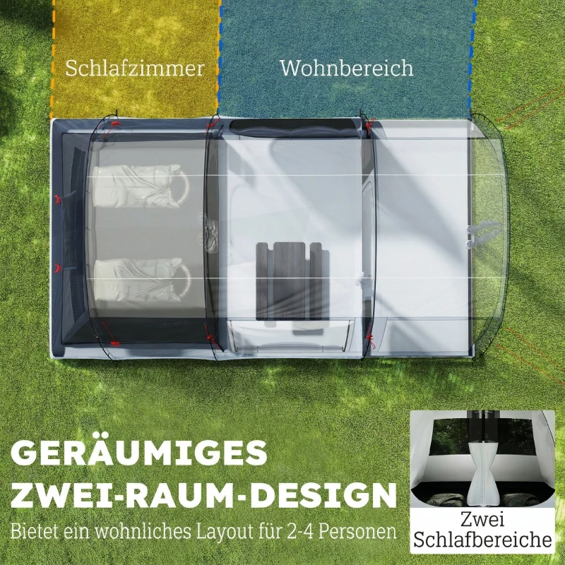 Outsunny Tunnelzelt 4 Personen Familienzelt mit Schlaf- und Wohnzimmer 6 Fenstern 3 Türen Bodenplane Stehhöhe 3000 mm Wassersäule