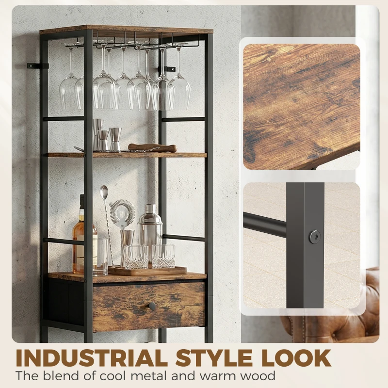 HOMCOM Industrial Wine Bar Cabinet Freestanding Liquor Cabinet 16-Bottle Wine Rack Glass Holder Rustic Brown