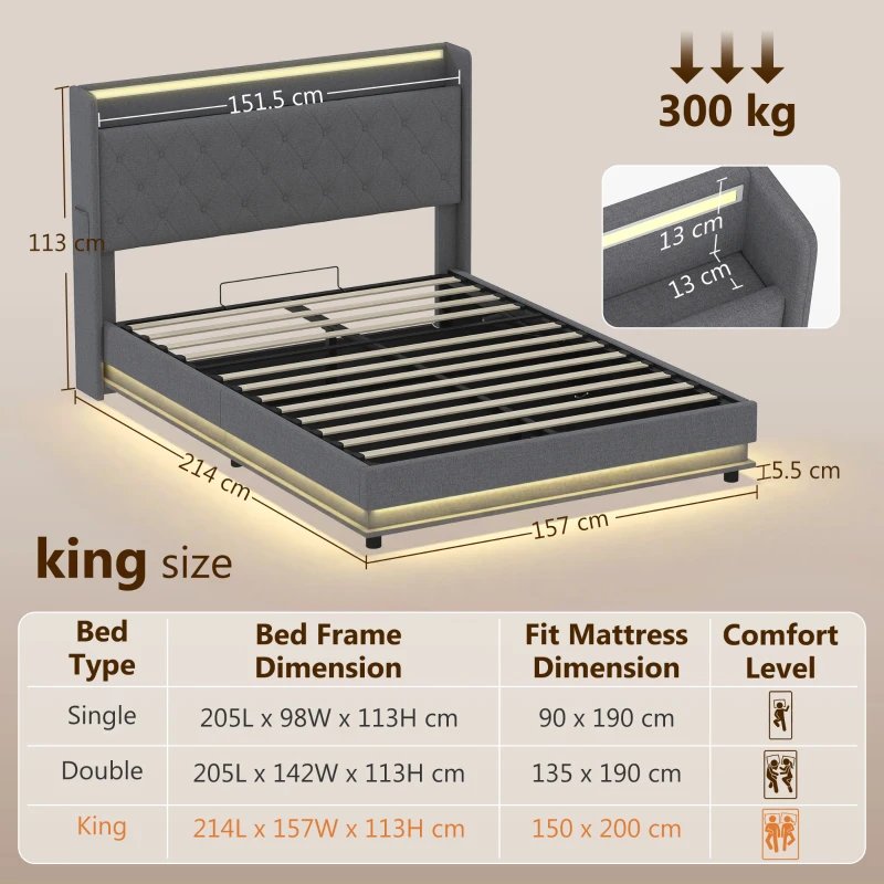 HOMCOM 5ft King Bed Frame with Headboard, Platform Bed Frame with Hydraulic Storage, LED Lights and Charging Station, Grey