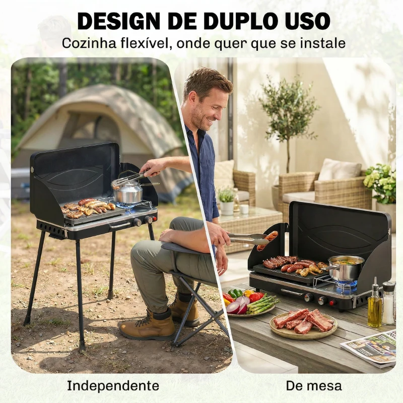 Outsunny Barbecue a Gás Portátil 2 em 1 Barbecue a Gás Propano 20.000 BTU de Mesa ou de Pé 61x47x88 cm Preto