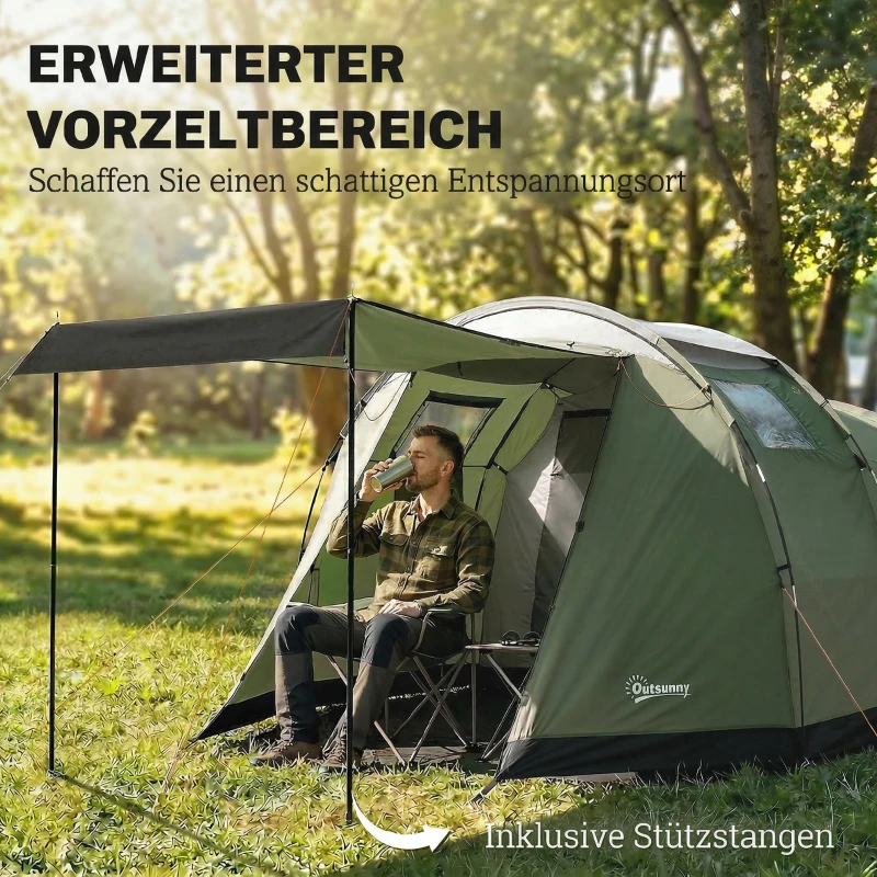 Outsunny Namiot kempingowy 3-4 os., stabilny, 3000 mm wodoodporny, namiot rodzinny z sypialnią i przedsionkiem, zielony