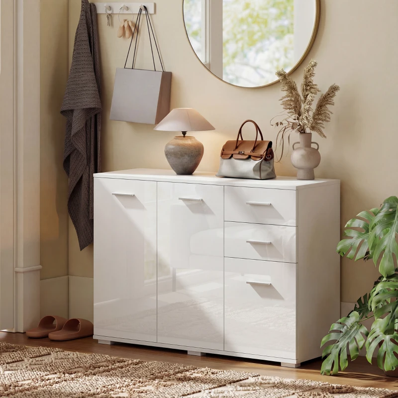 HOMCOM Sideboard, Modern Storage Cabinet with 2 Drawers, 3 Doors and Adjustable Shelves, High Gloss White