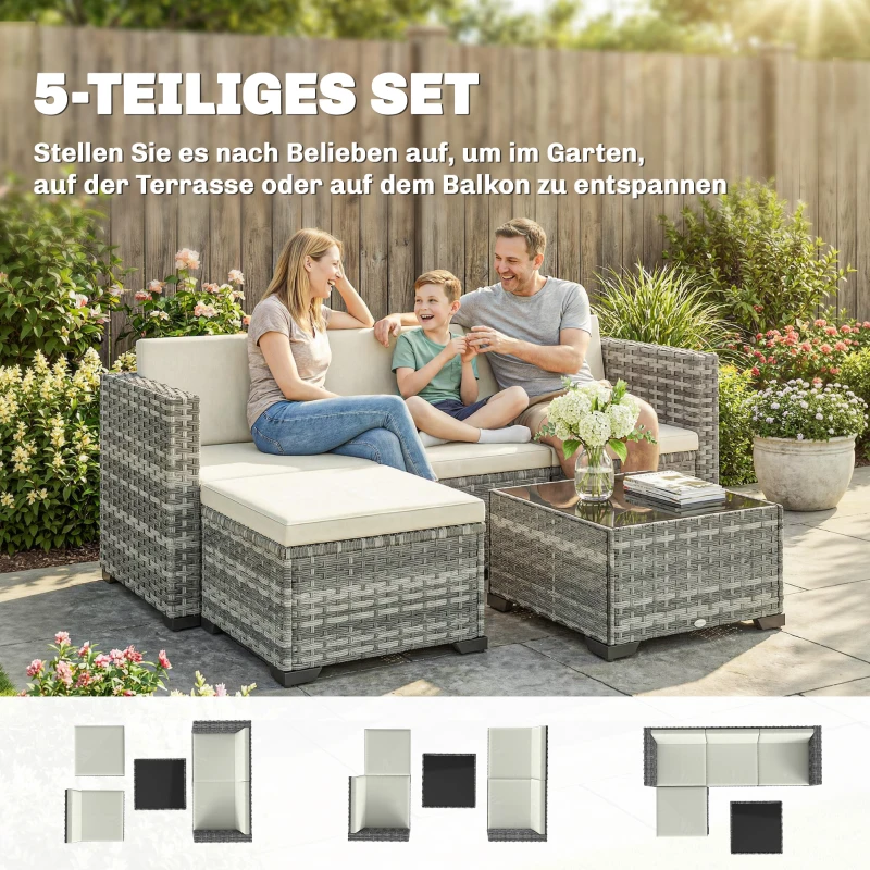 Outsunny Polyrattan Gartenmöbel Set 5-teilig, Lounge Set mit Ecksofa Hocker Tisch Sitz- & Rückenkissen Grau+Cremeweiß