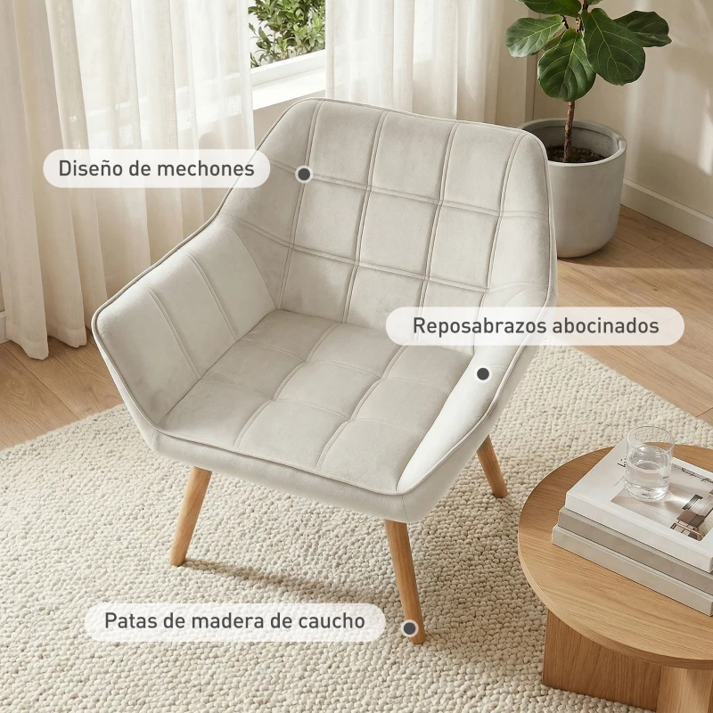 HOMCOM Butaca de Salón Moderna Tapizado en Terciopelo con Patas de Madera Sillón Relax para Sala de Estar Crema